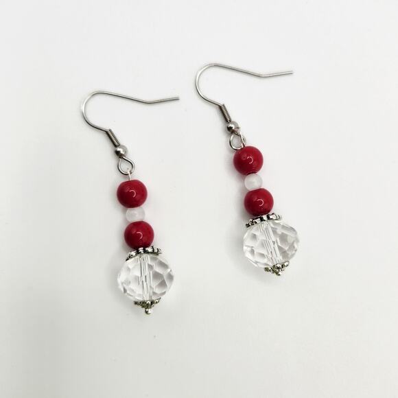 Handmade Earrings with Crystal, Red Coral, and Moonstone – 2" Dangle - Picture 2 of 10